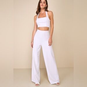 Lulus-Compelling Perfection White Halter Wide-Leg Two-Piece Jumpsuit- Small